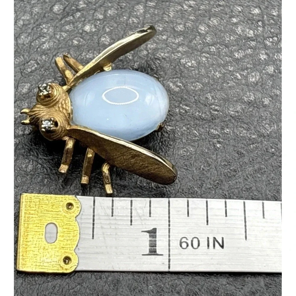 Vintage Jelly Belly Bee Insect Brooch Faux Moonstone Cabochon Crystal Rhinestone
